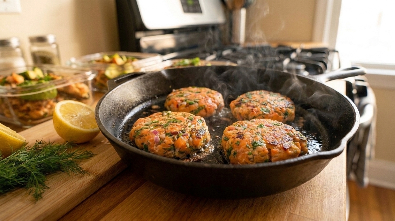 Salmon burger patties searing in a cast iron skillet with a golden-brown crust forming, on a stovetop in warm kitchen light