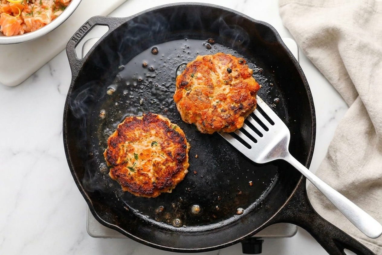 Salmon burger patties searing in a cast iron skillet with a golden brown crust forming on the edges