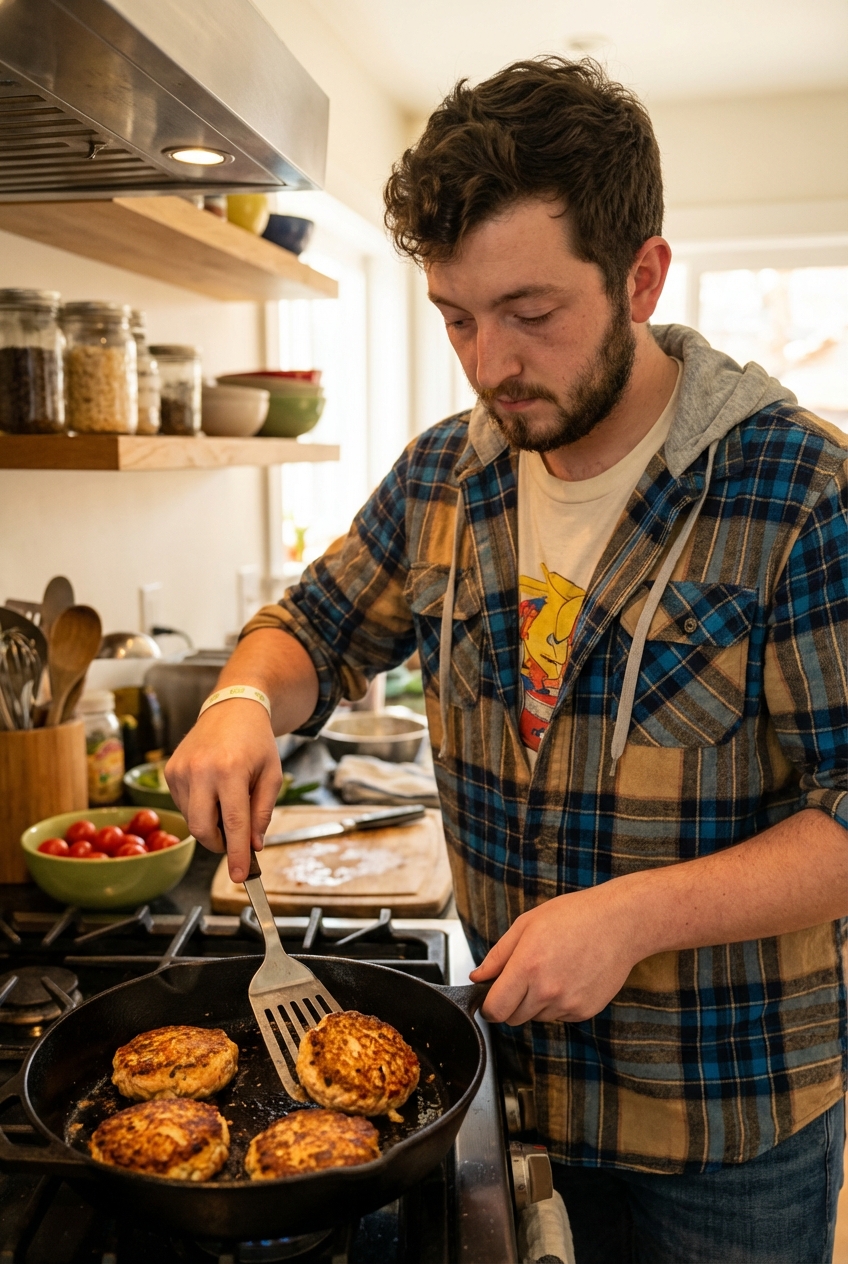 Salmon cakes browning in a skillet with a spatula flipping one cake