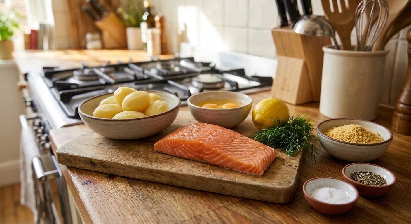 Salmon, cooked potatoes, eggs, lemon, dill, breadcrumbs, and seasonings arranged on a neutral kitchen counter