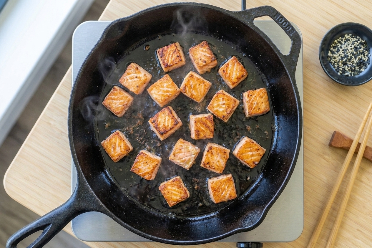 Salmon cubes sizzling in a hot skillet with lightly browned edges, photographed from overhead on a stovetop
