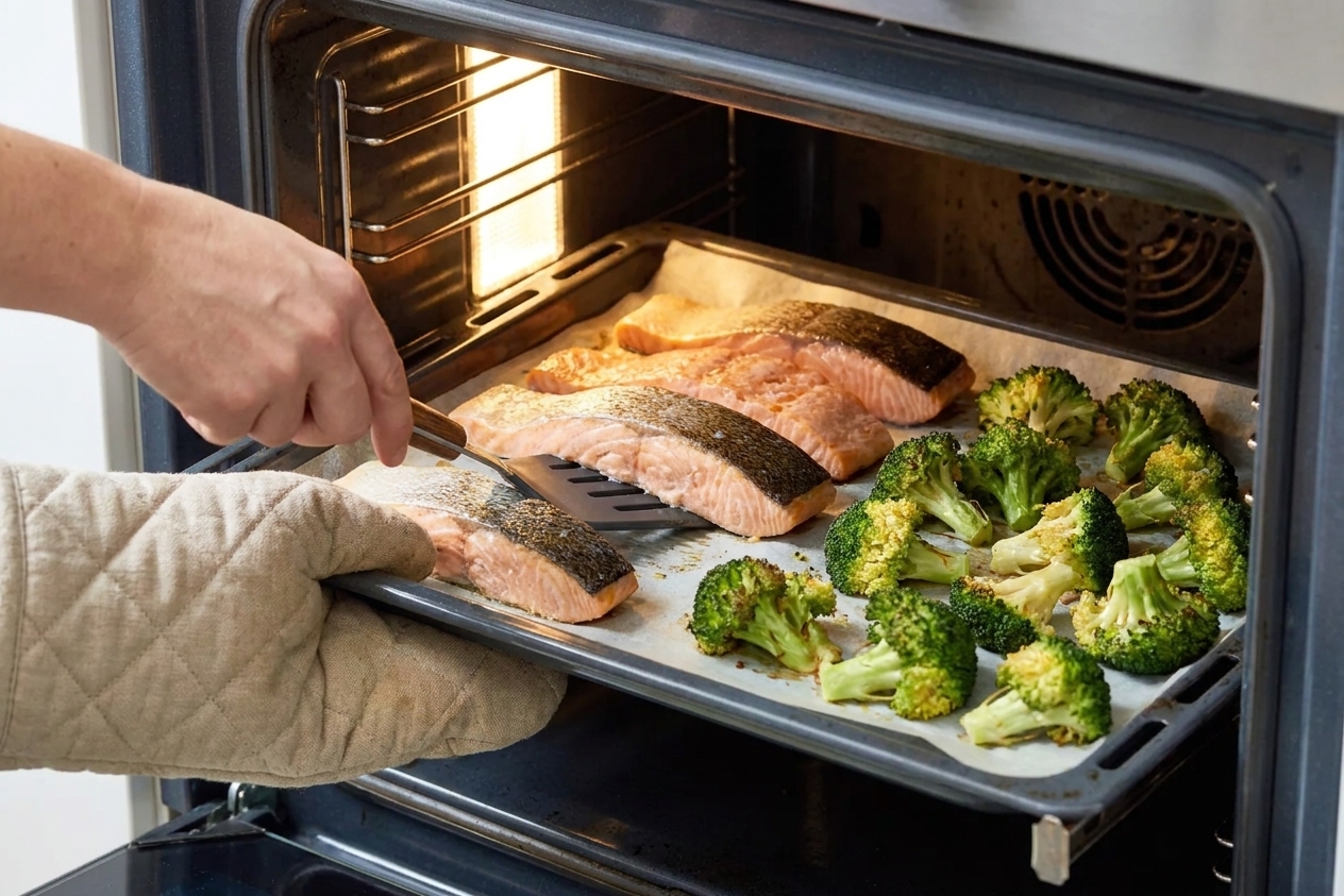 Salmon fillets and broccoli roasting together on a sheet pan in a home kitchen oven, mid-cook with light browning starting on the broccoli