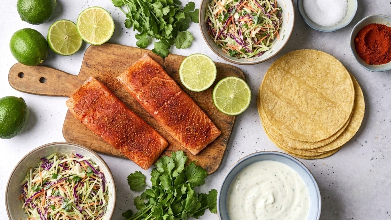 Salmon fillets, cabbage, limes, tortillas, sour cream, cilantro, and spices arranged on a clean kitchen counter in bright natural light