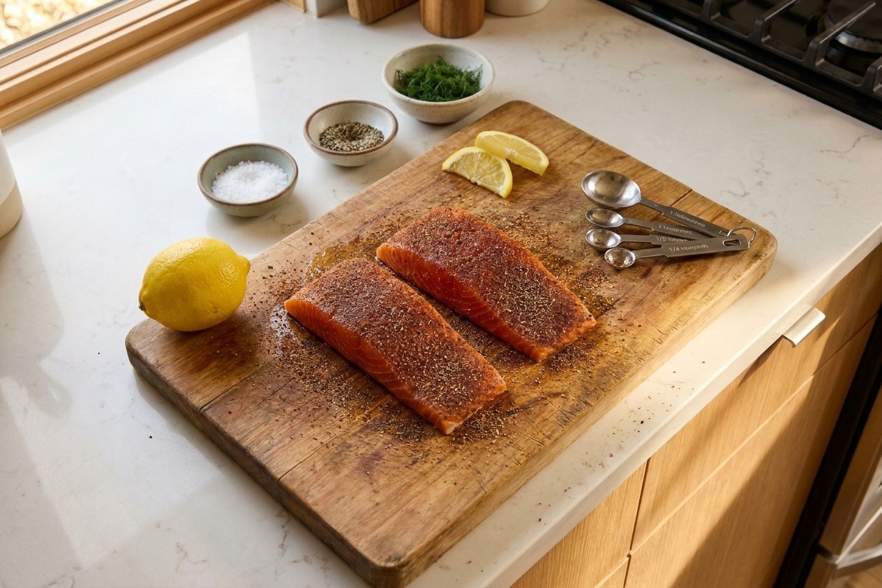 Salmon fillets coated in a smoky spice rub on a wooden cutting board with a lemon and measuring spoons nearby in warm natural light