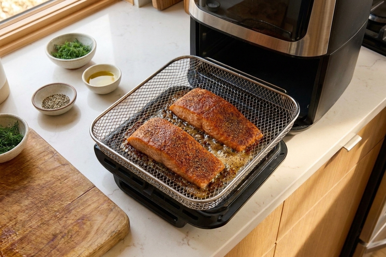 Salmon fillets cooking inside an air fryer basket with browned spices on top, photographed from above with the basket pulled out slightly