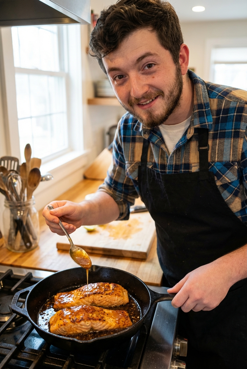 Salmon fillets in a skillet as honey garlic sauce is spooned over the top