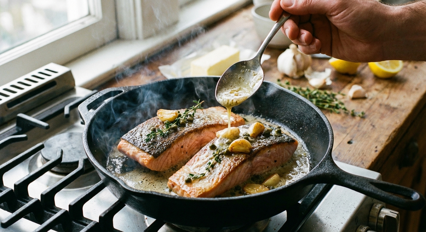 Salmon fillets in a skillet being basted with garlic butter sauce using a spoon