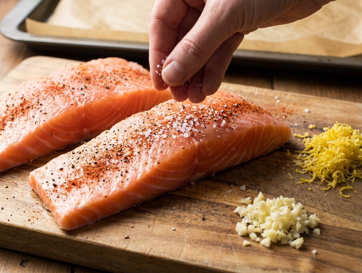 Salmon fillets on a cutting board being sprinkled with salt, pepper, and paprika beside a small pile of minced garlic and lemon zest
