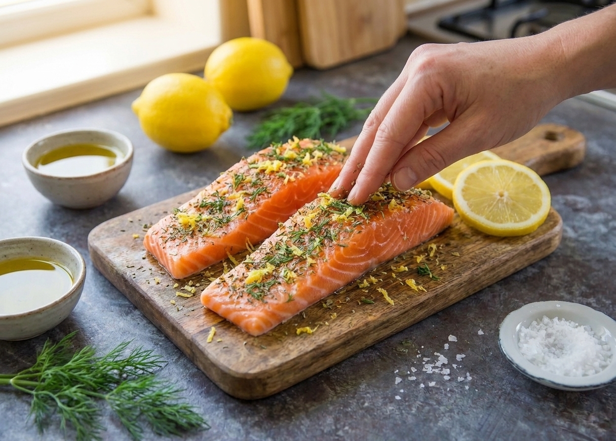 Salmon fillets on a cutting board coated with lemon zest and dried herbs, ready to be cooked