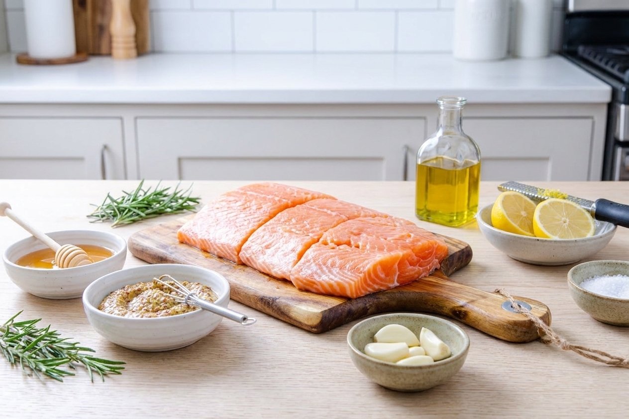 Salmon fillets on a cutting board with small bowls of honey, Dijon mustard, garlic, lemon, and olive oil arranged on a tidy kitchen counter