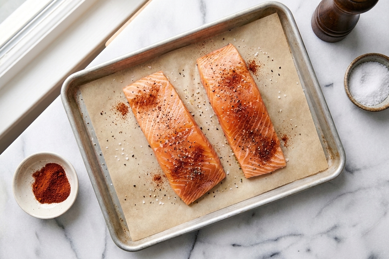 Salmon fillets on a parchment-lined baking sheet, seasoned with salt, pepper, and paprika on a bright home kitchen counter