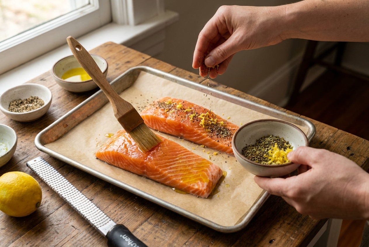 Salmon fillets on a parchment-lined sheet pan being brushed with olive oil and sprinkled with oregano, lemon zest, and black pepper