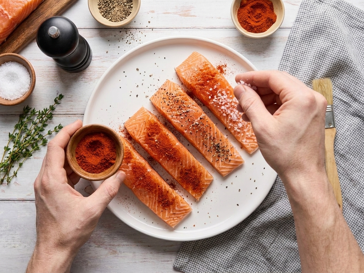 Salmon fillets on a plate being seasoned with salt, pepper, and paprika on a tidy kitchen counter