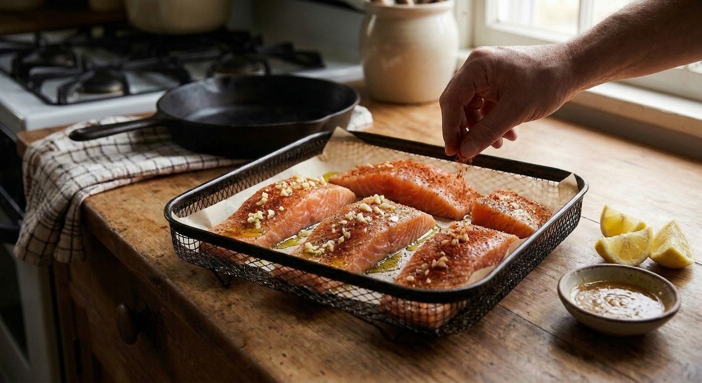 Salmon fillets on parchment with olive oil, lemon, garlic, paprika, salt, pepper, and a small bowl of honey mustard on a wooden counter