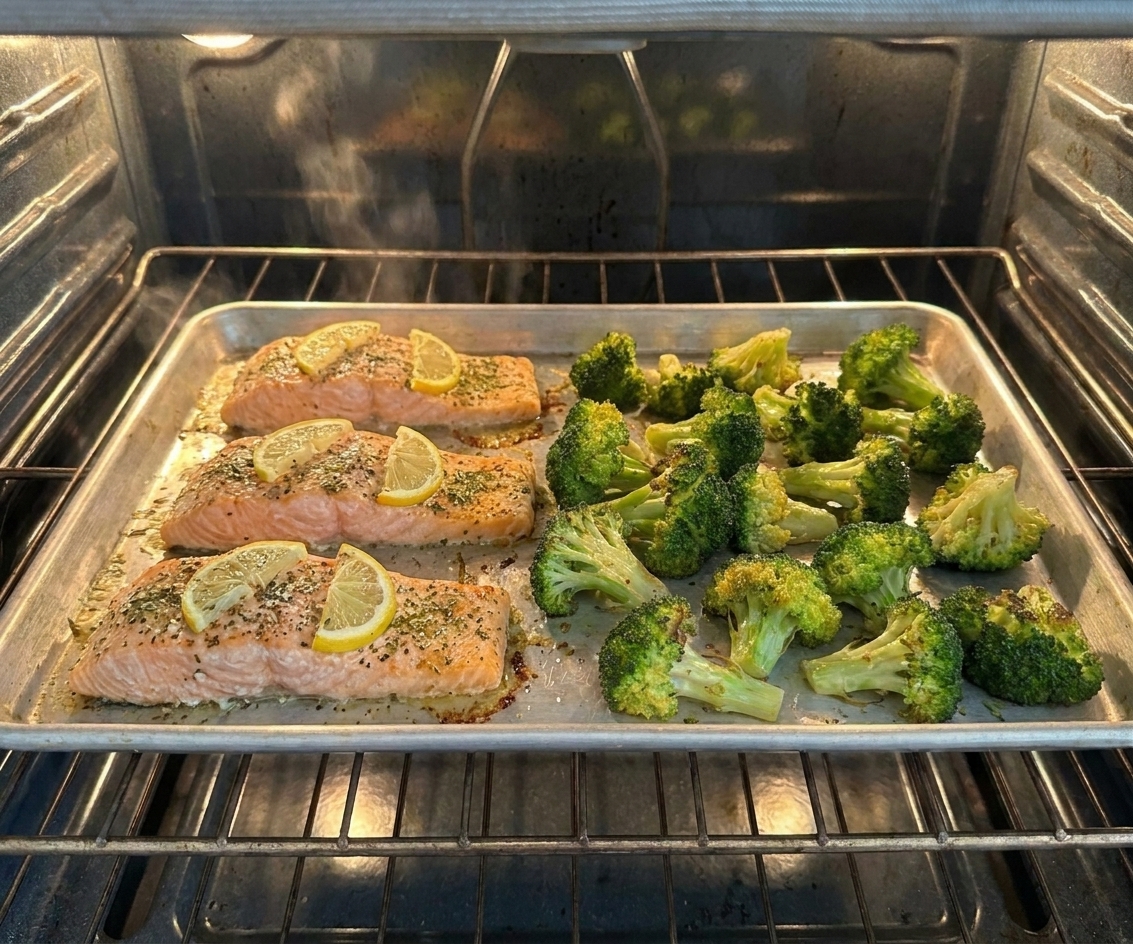 Salmon fillets roasting on a sheet pan next to browned broccoli florets under warm kitchen lighting