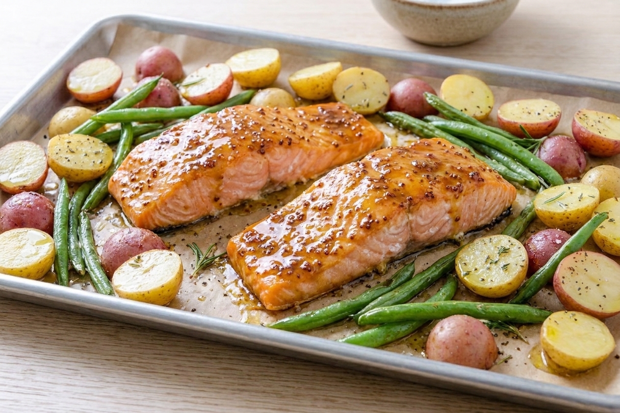 Salmon fillets roasting on a sheet pan with a glossy honey mustard glaze, surrounded by potatoes and green beans