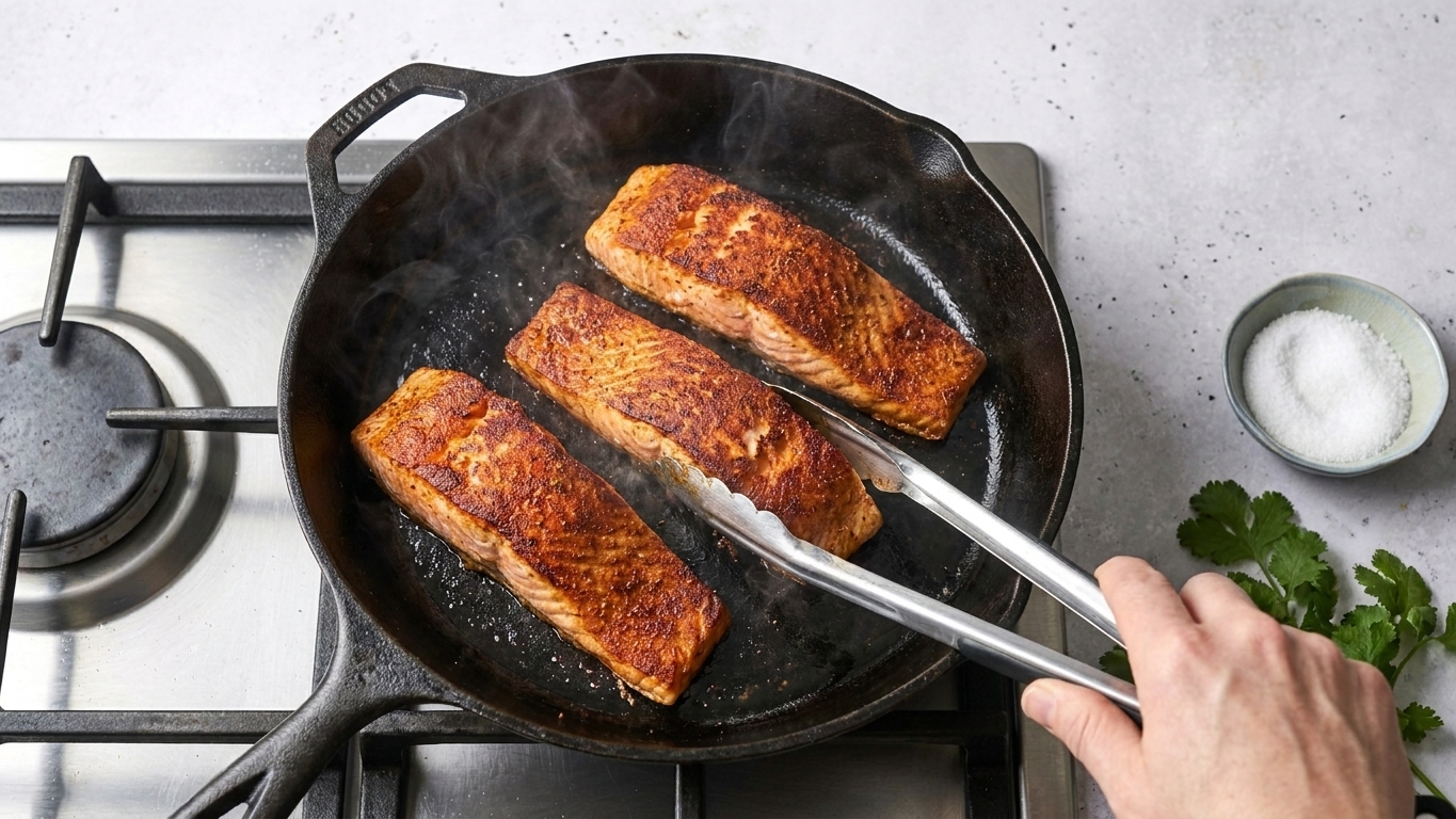 Salmon fillets searing in a hot skillet with browned edges forming on a kitchen stove