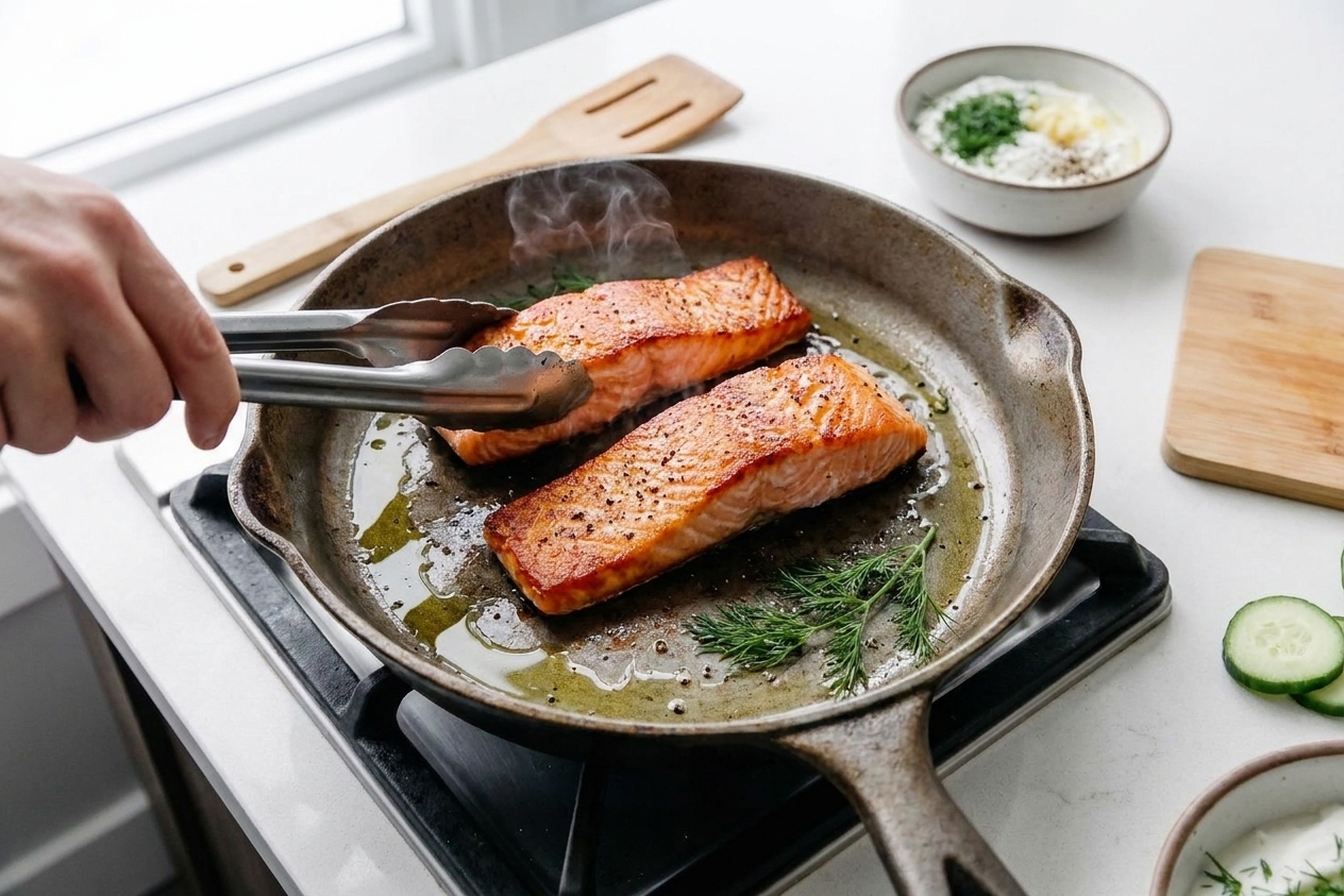 Salmon fillets searing in a hot skillet with lightly browned edges