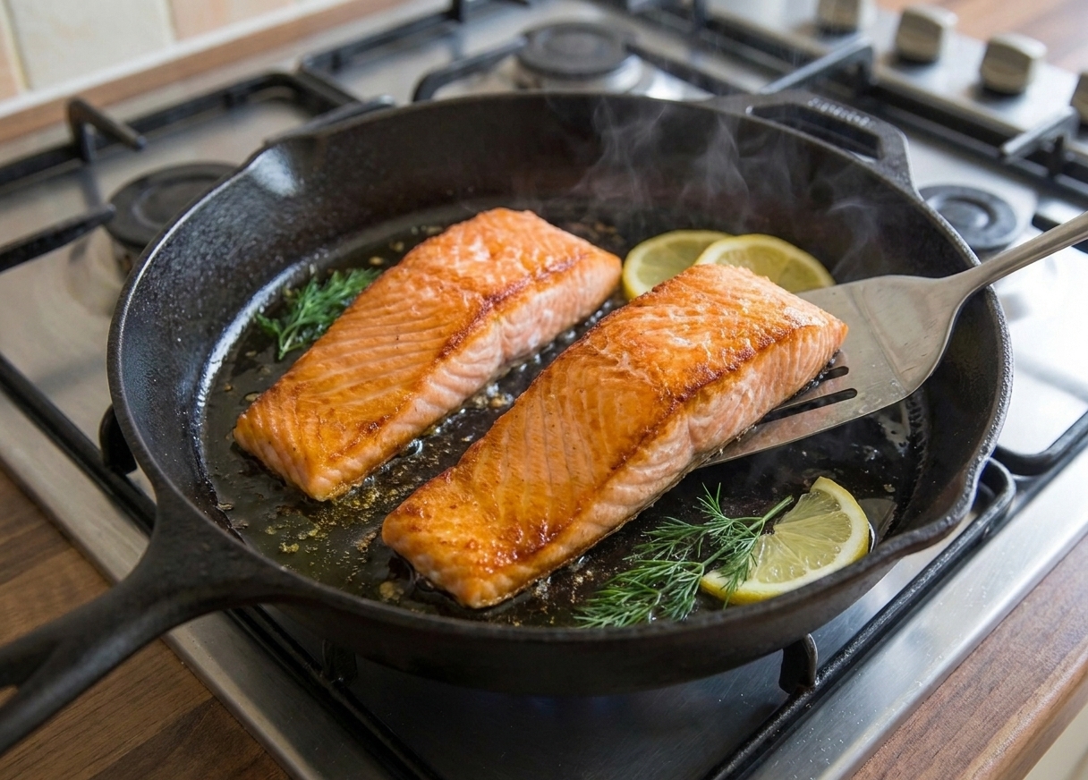 Salmon fillets searing in a hot skillet with lightly browned edges and a sheen of olive oil