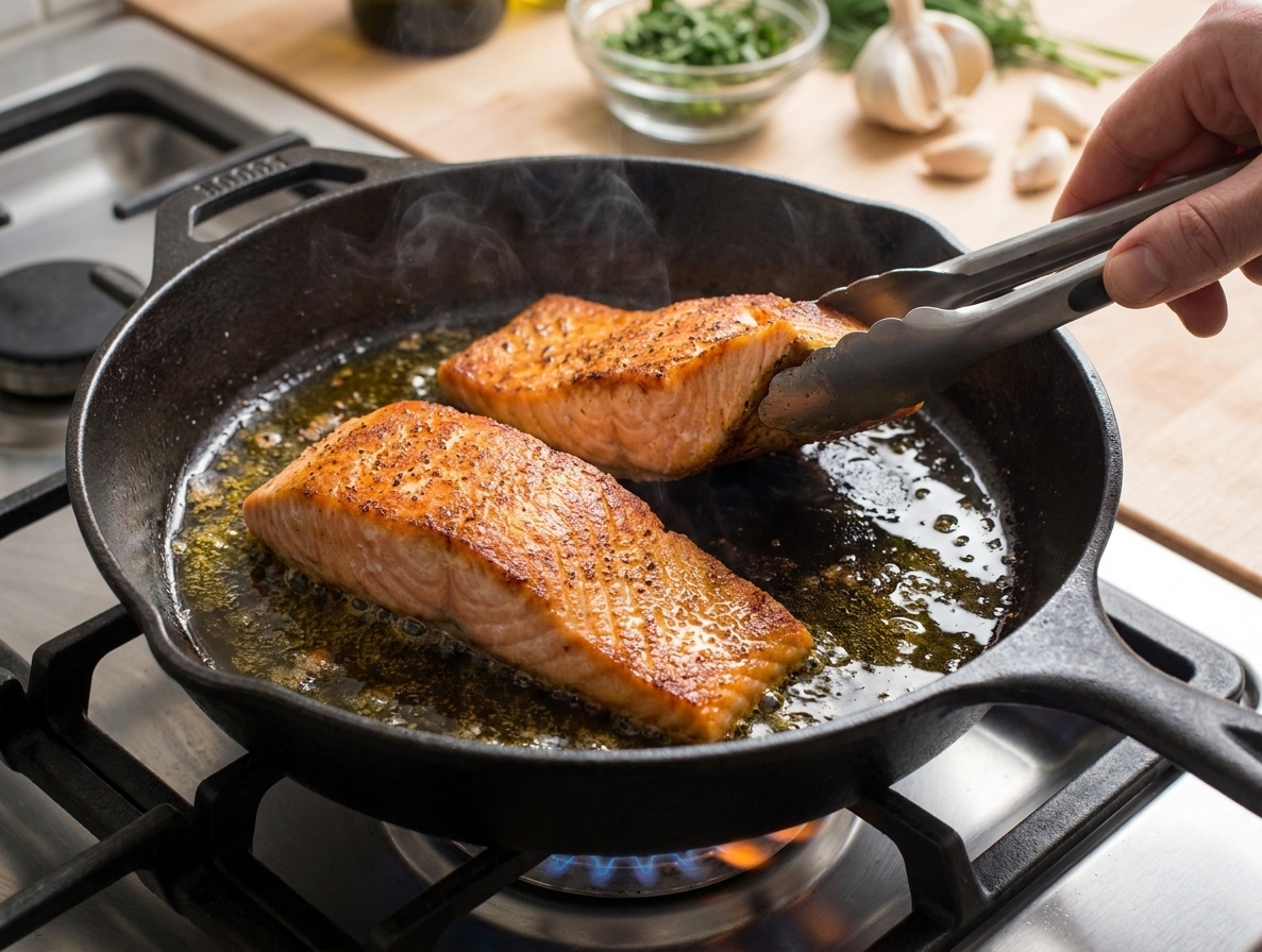 Salmon fillets searing in a hot skillet with shimmering oil, edges turning golden brown