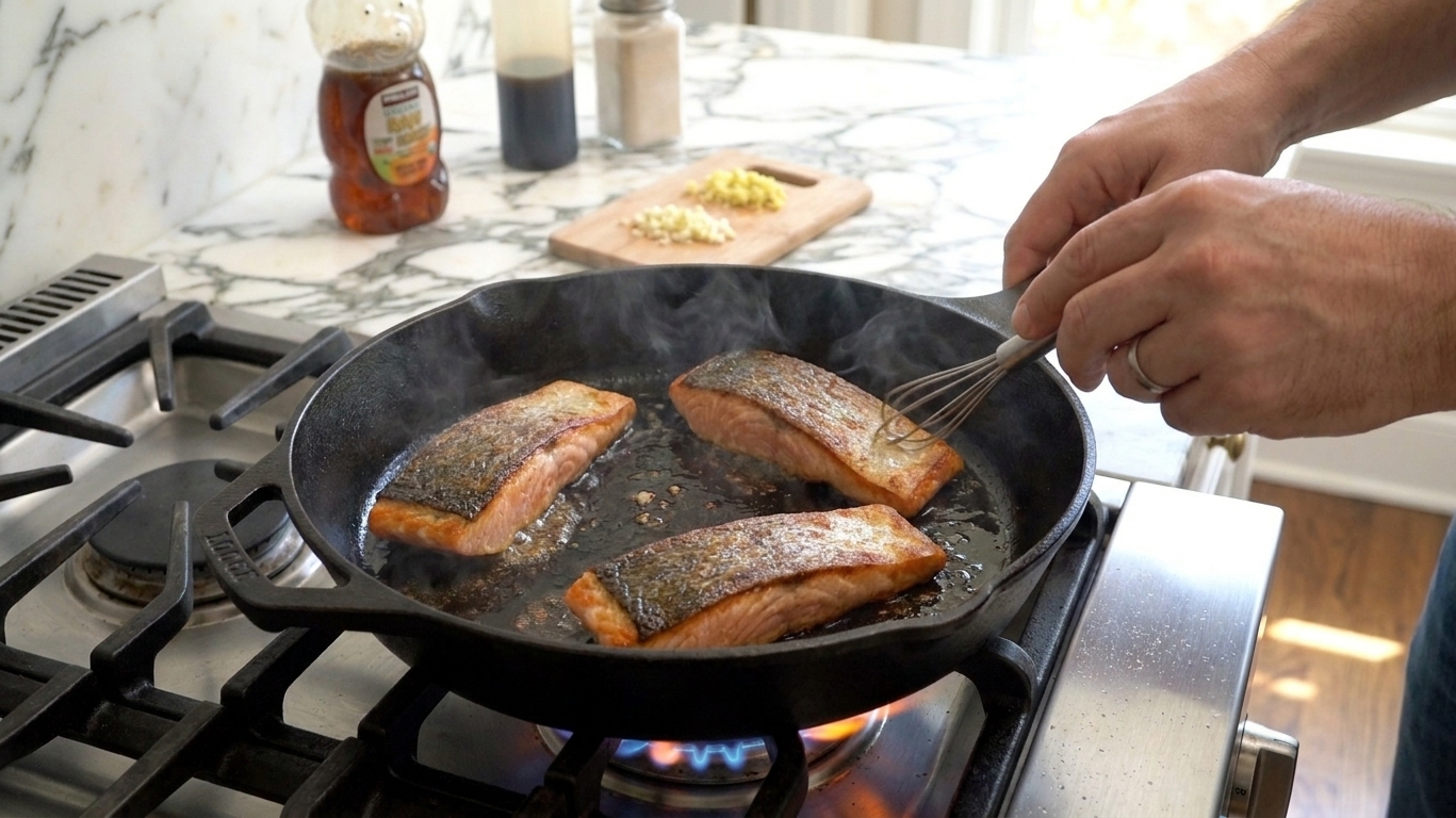 Salmon fillets searing in a skillet with browned edges forming on a stovetop in a home kitchen