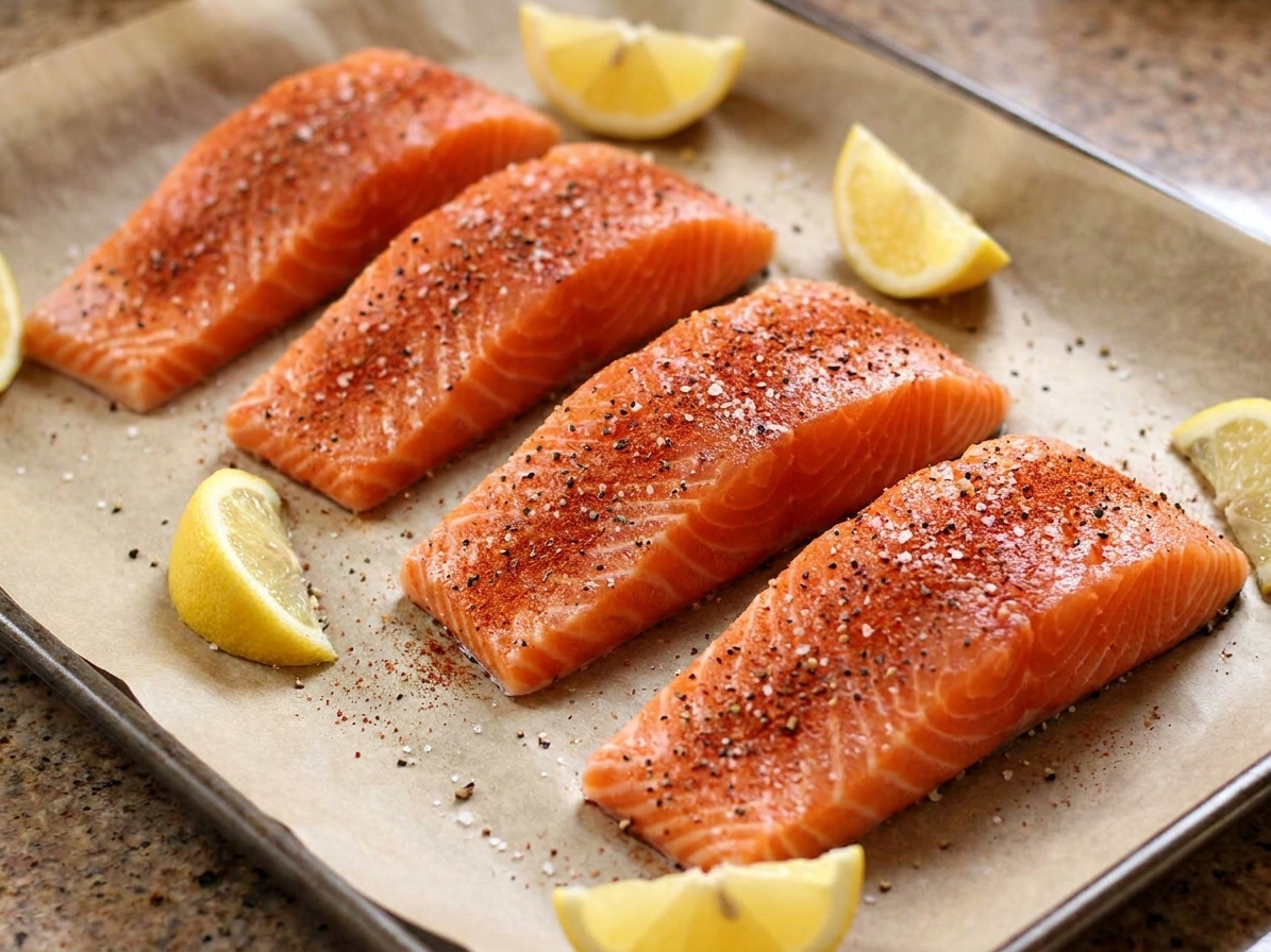 Salmon fillets seasoned with paprika, salt, and pepper arranged with space between each piece on a parchment-lined sheet pan with lemon wedges nearby