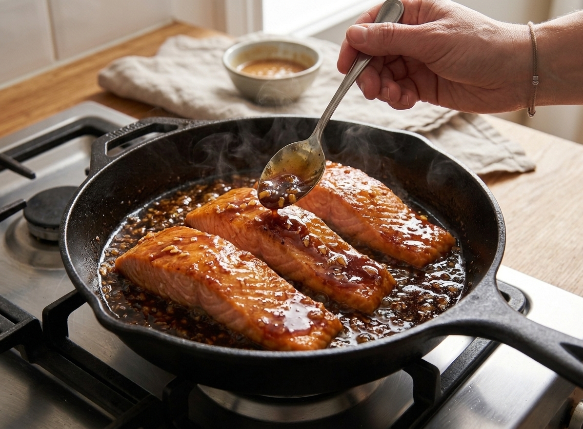 Salmon fillets simmering in a skillet with a bubbling soy-ginger honey glaze, sauce being spooned over the top