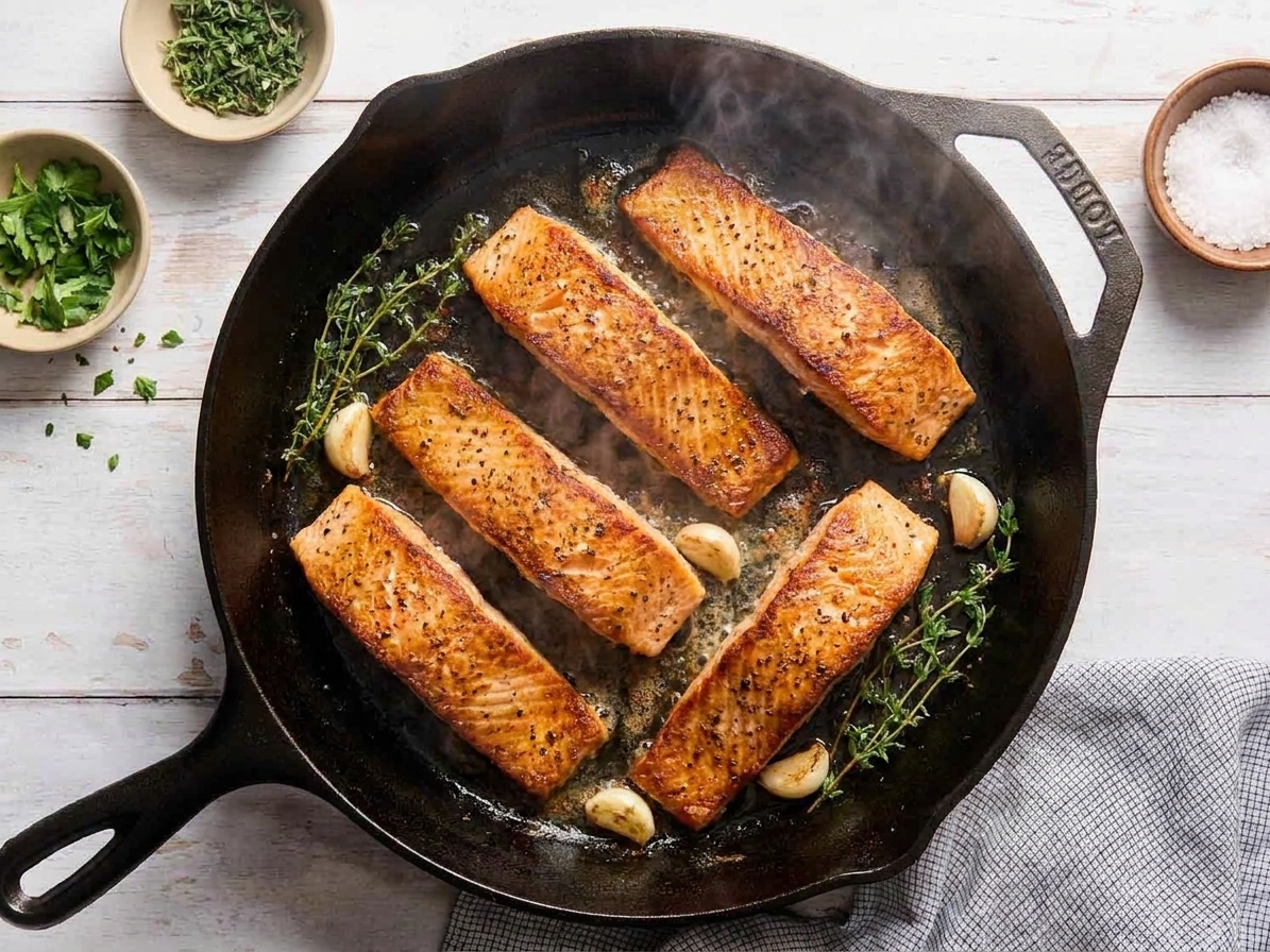 Salmon fillets sizzling in a hot skillet with golden browned edges forming, overhead kitchen lighting