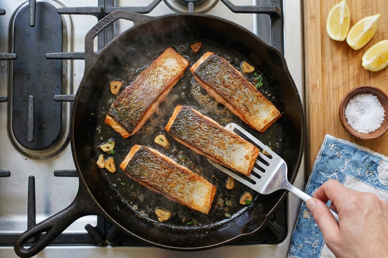 Salmon fillets sizzling in a large skillet on a stovetop with lightly browned edges, kitchen lighting warm and even