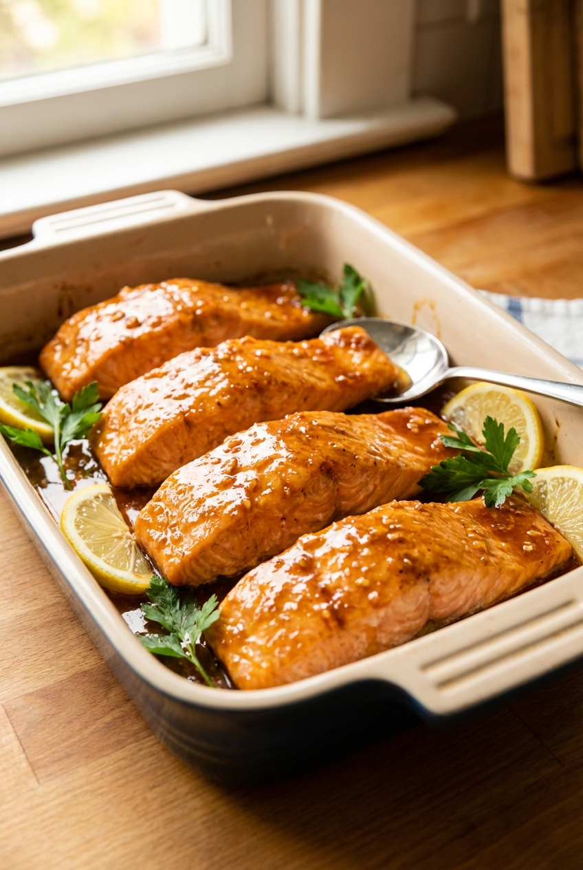 Salmon fillets with a honey garlic glaze in a baking dish