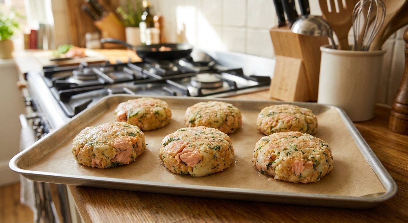 Salmon fish cake patties arranged on a parchment lined sheet pan, ready to chill before cooking