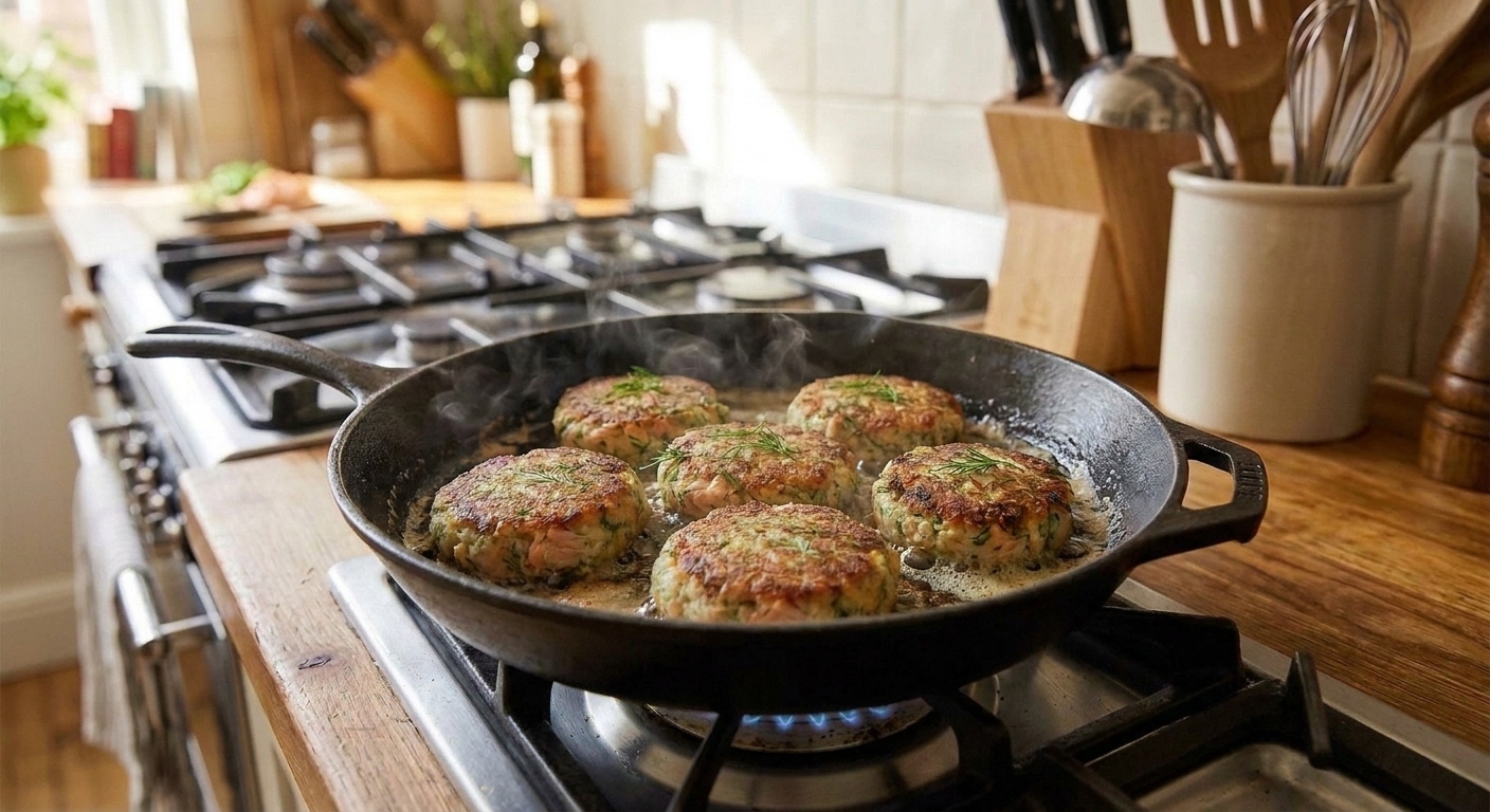 Salmon fish cakes sizzling in a cast iron skillet with a visible golden crust forming on the bottoms