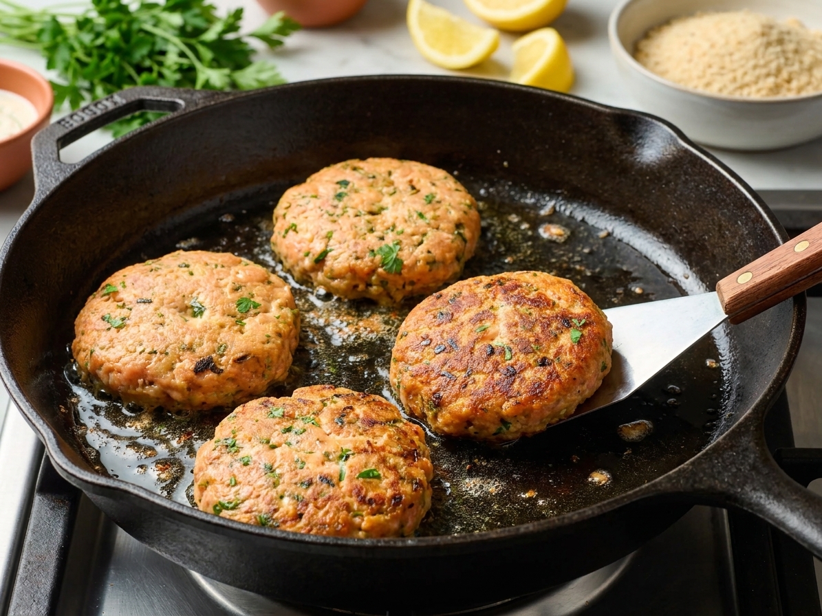 Salmon patties frying in a skillet with a thin spatula nearby, showing browned edges forming in warm kitchen lighting