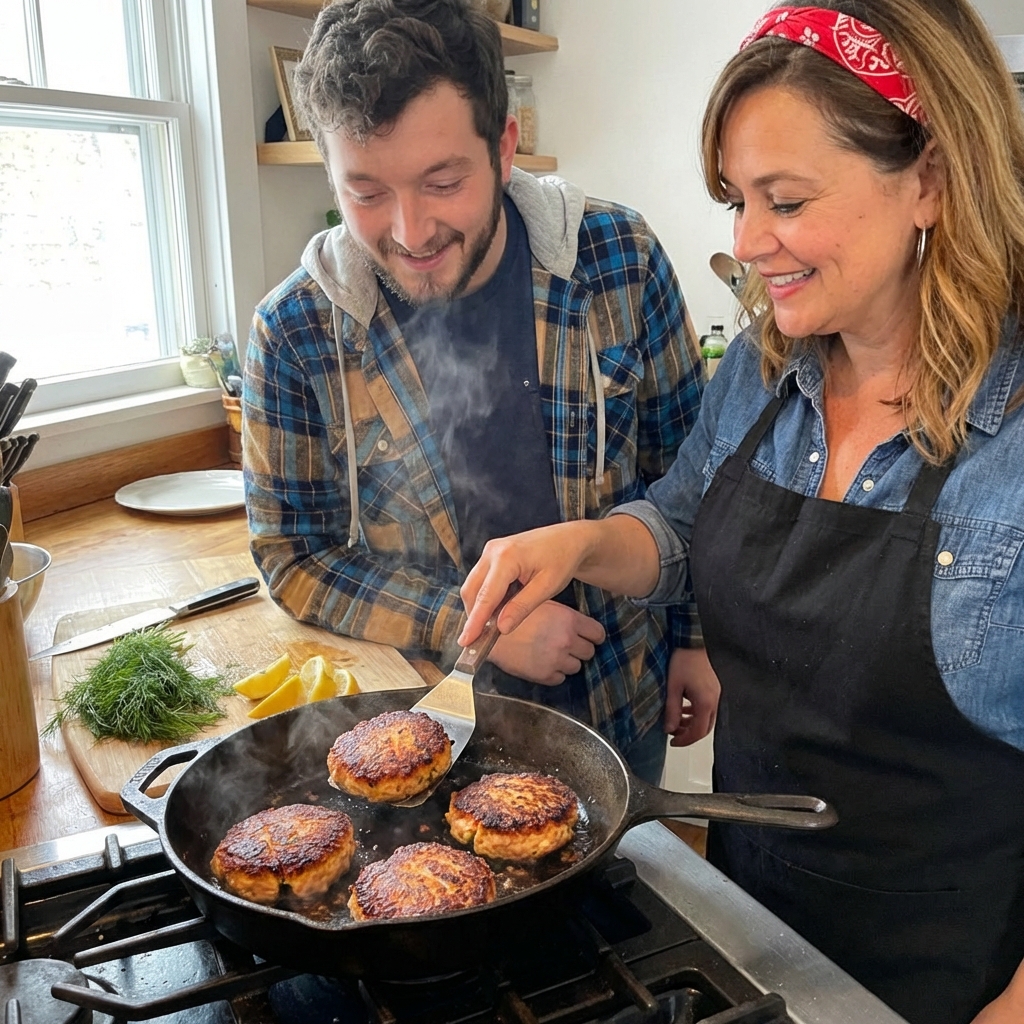 Salmon patties sizzling in a cast iron skillet with crisp browned edges