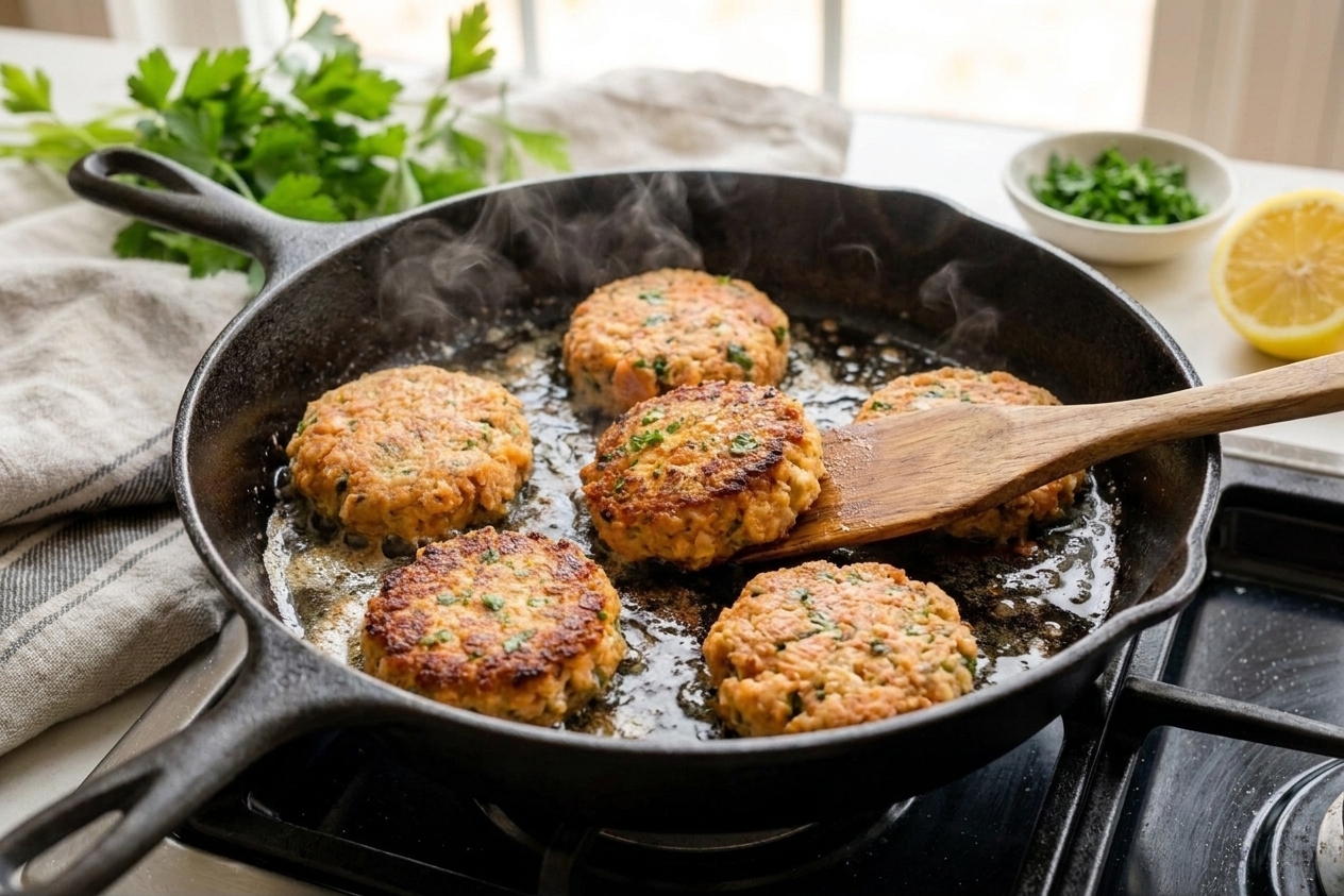 Salmon patties sizzling in a cast iron skillet with bubbling oil, edges turning golden brown on a stovetop