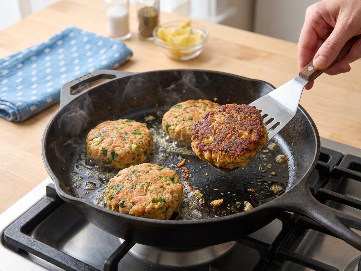 Salmon patties sizzling in a skillet with golden crust forming on the bottom