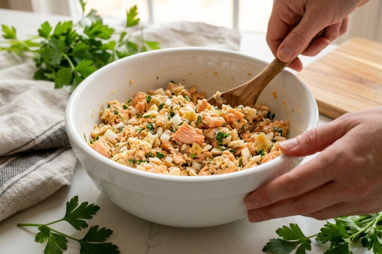 Salmon patty mixture stirred in a bowl with visible crushed crackers and diced onion, ready to shape