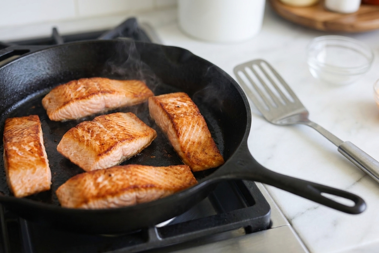 Salmon pieces searing in a hot skillet with lightly browned edges and a spatula nearby on a stovetop