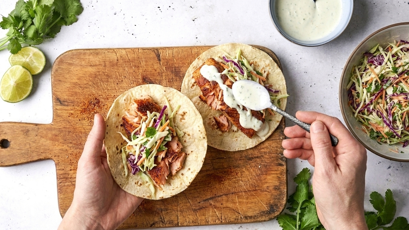 Salmon tacos being assembled with crunchy slaw and lime crema on a wooden cutting board with lime wedges nearby