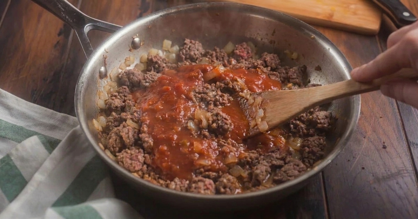 Salsa and tomato sauce being stirred into browned beef in a skillet, creating a red taco-style sauce