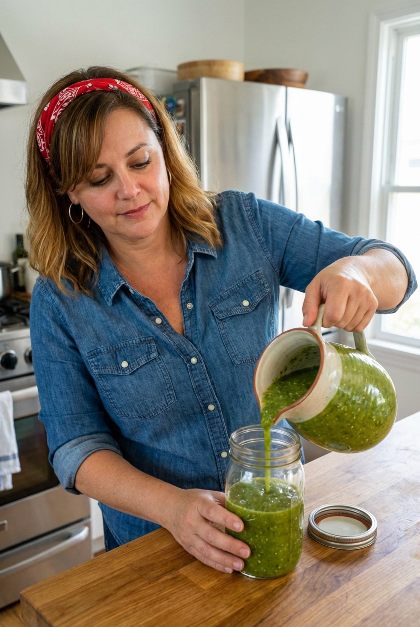 Salsa verde being poured into a glass jar with a lid for storing in the refrigerator
