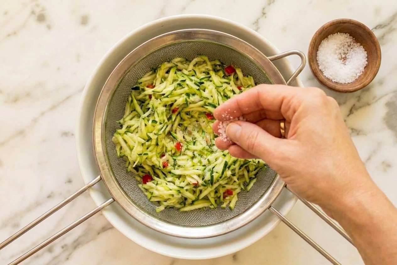 Salt being sprinkled over grated zucchini in a colander set over a bowl on a kitchen counter