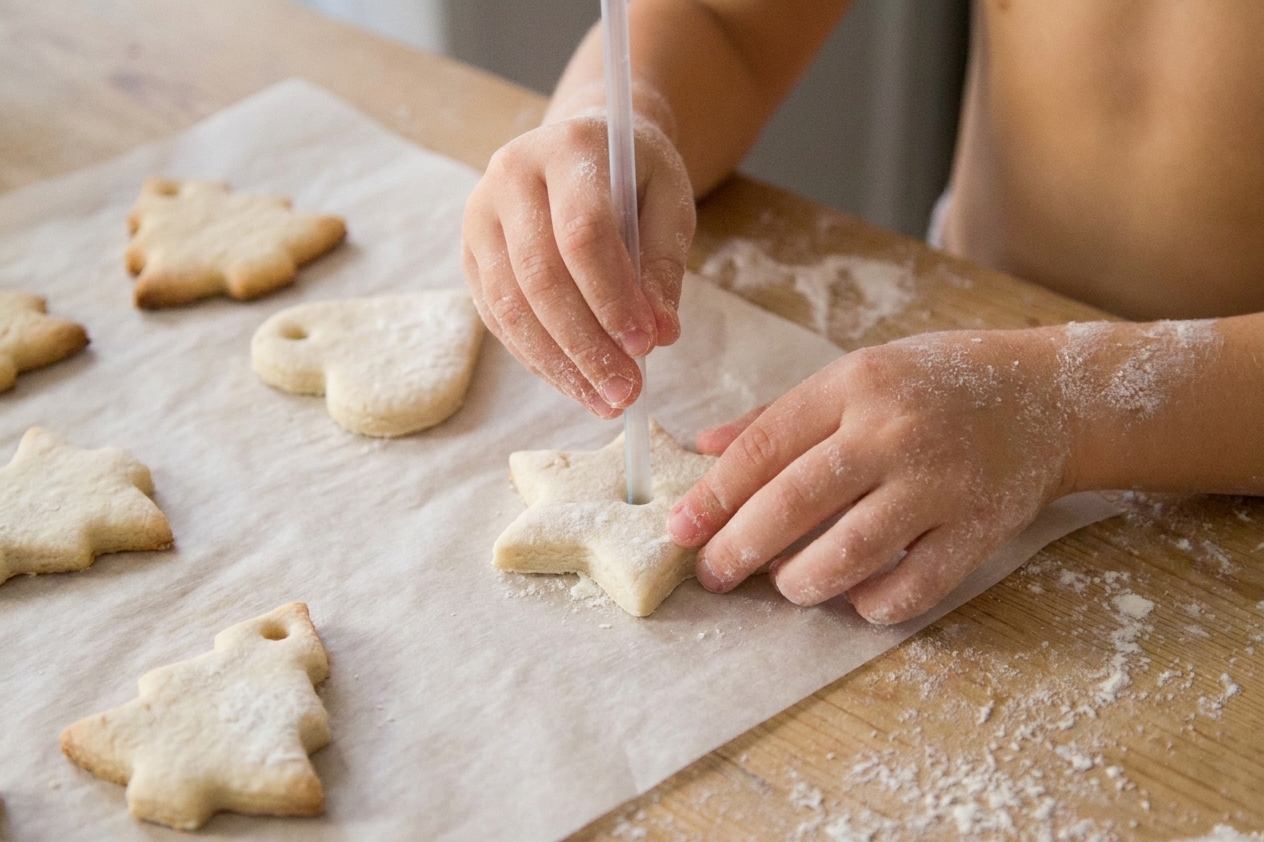Salt dough cutout ornament being poked with a drinking straw to create a hanging hole on parchment paper