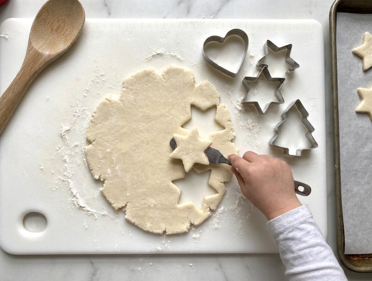 Salt dough rolled out with metal cookie cutters nearby and freshly cut shapes being lifted onto a parchment-lined baking sheet