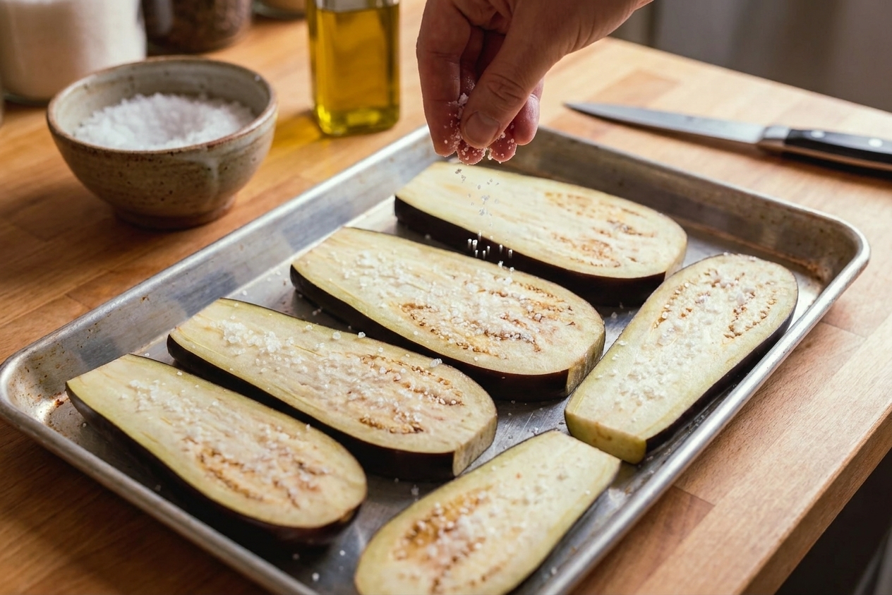 Salt sprinkled over eggplant planks on a sheet pan on a kitchen counter