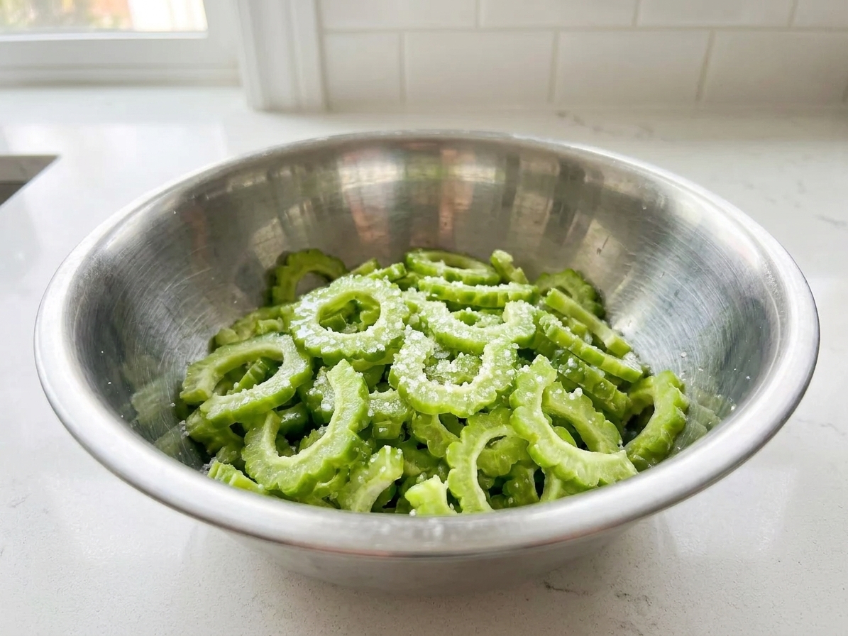 Salted bitter melon slices resting in a stainless steel mixing bowl on a kitchen counter