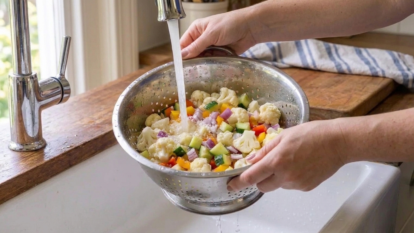 Salted chopped cauliflower and vegetables draining in a colander set in a sink, ready to be rinsed