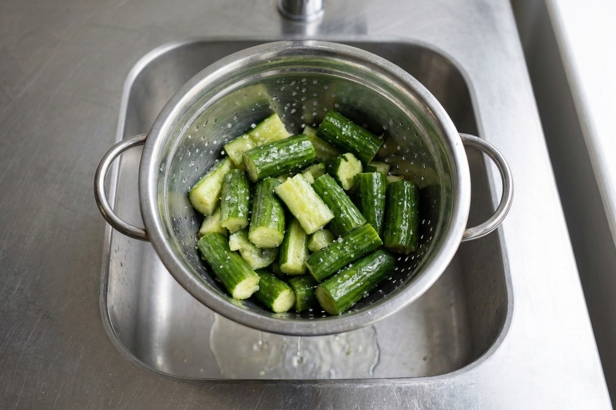 Salted cucumber chunks draining in a metal colander over a sink