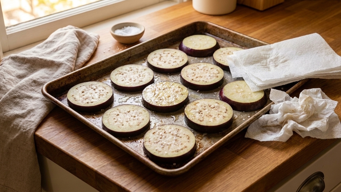 Salted eggplant slices resting on a baking sheet before roasting, with paper towels nearby on a warm kitchen counter