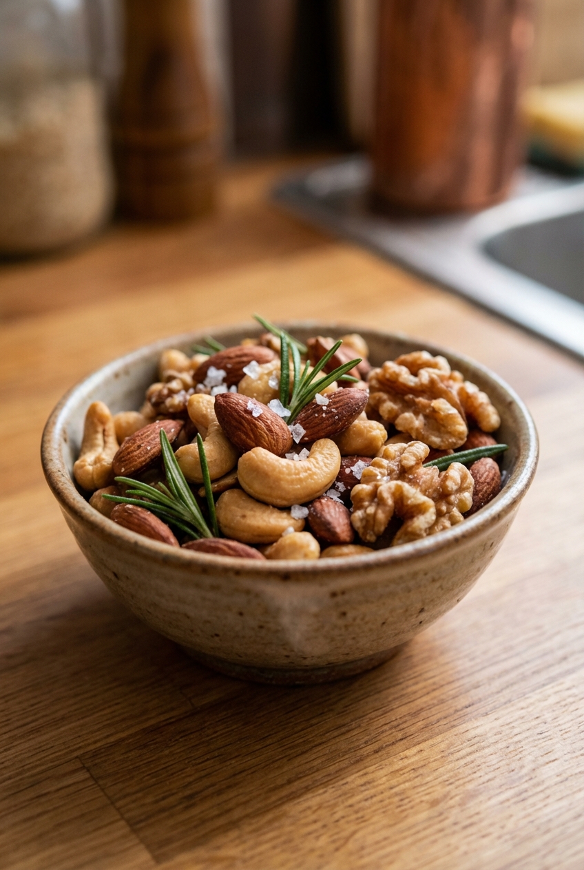 Salted roasted nuts in a small bowl with rosemary sprigs